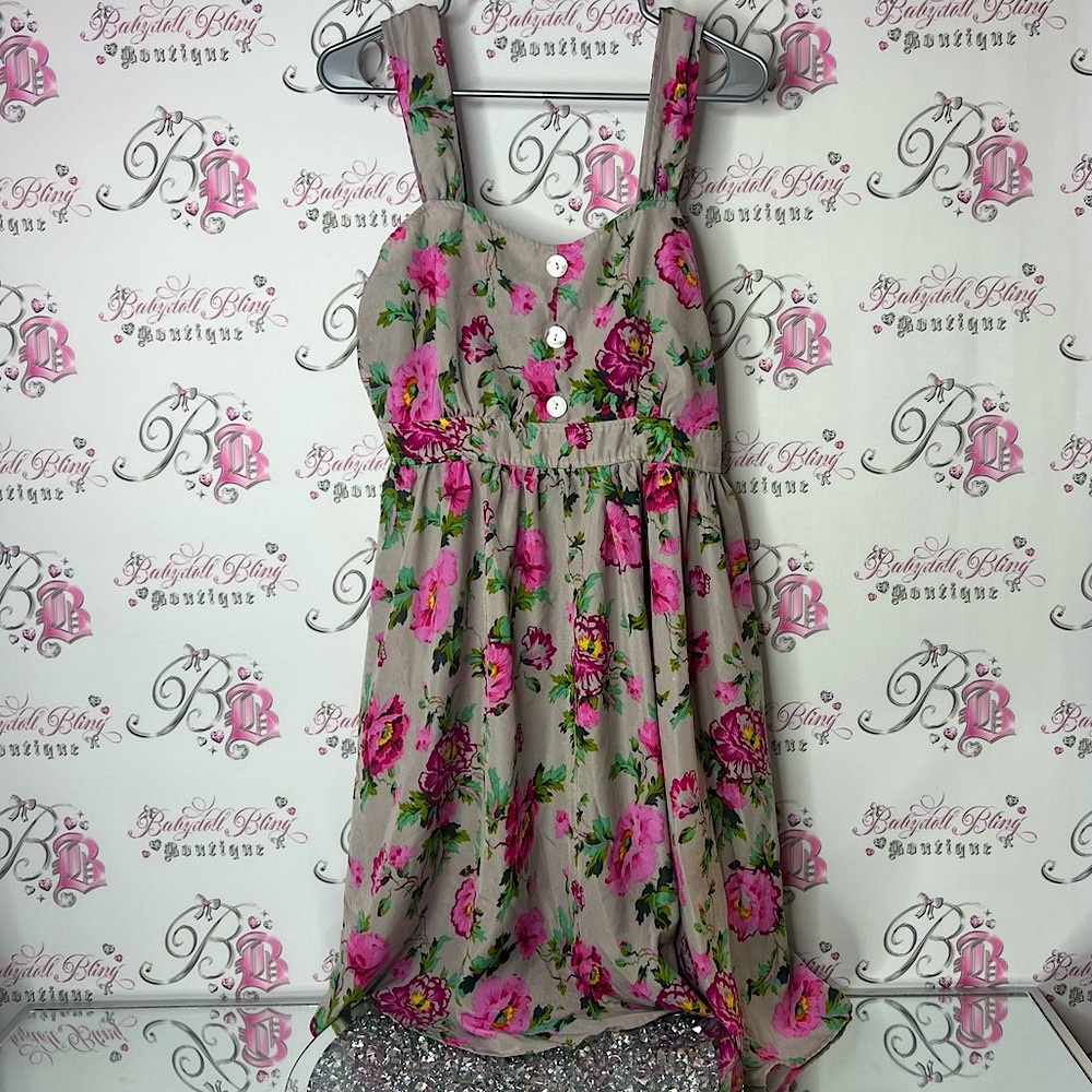 Studio dress vintage buttons neon grey flowers Floral Dress in Pink and Green